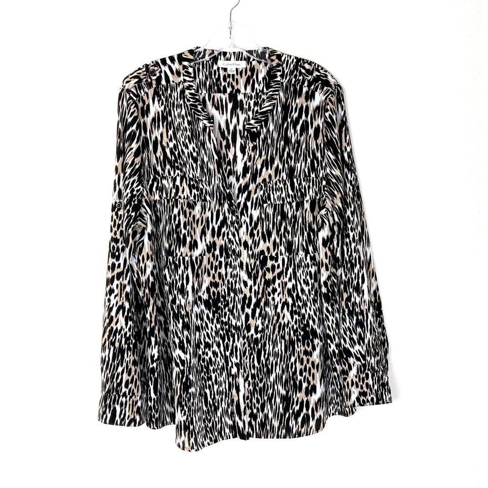 Calvin Klein Women's Button Up Blouse Size XL Animal Print Roll Tab Sleeve